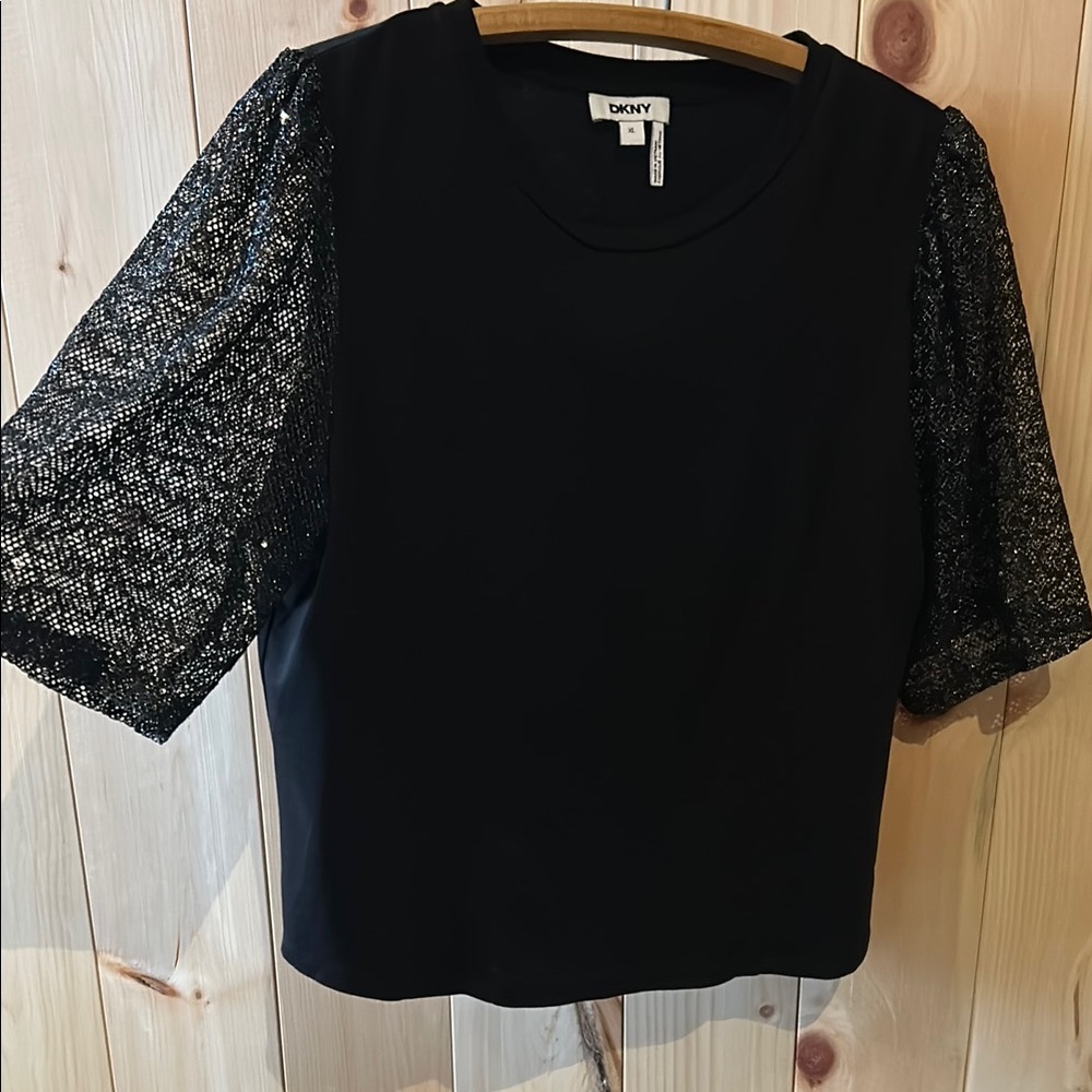 DKNY Black Top with Sequin Sleeves